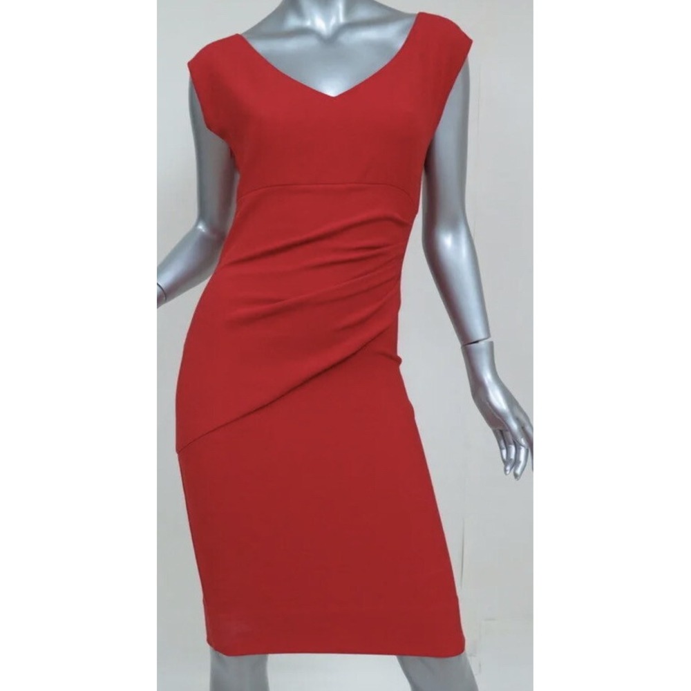 Diane Von Furstenberg DVF Red Bevin V-Neck Pleated Side Sheath Dress Sz 8